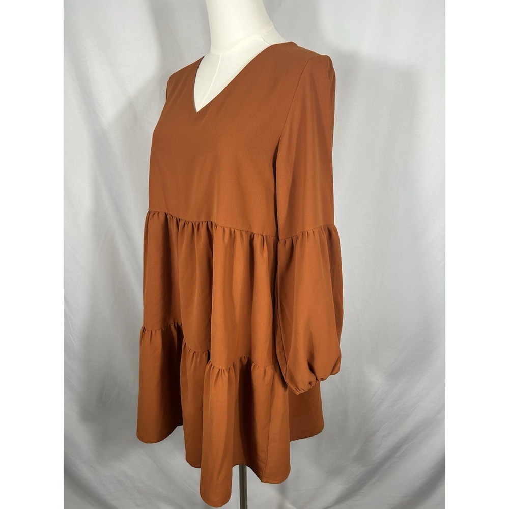 Womens Oversized Smocked Puff Sleeve Dress Size S Cottagecore Boho Tiered Earthy - Picture 2 of 11